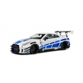NISSAN GT-R (R35) CON KIT DE CARROCERÍA LIBERTY WALK 2.0  RAYAS BLANCAS Y AZULES 2024 E1/18